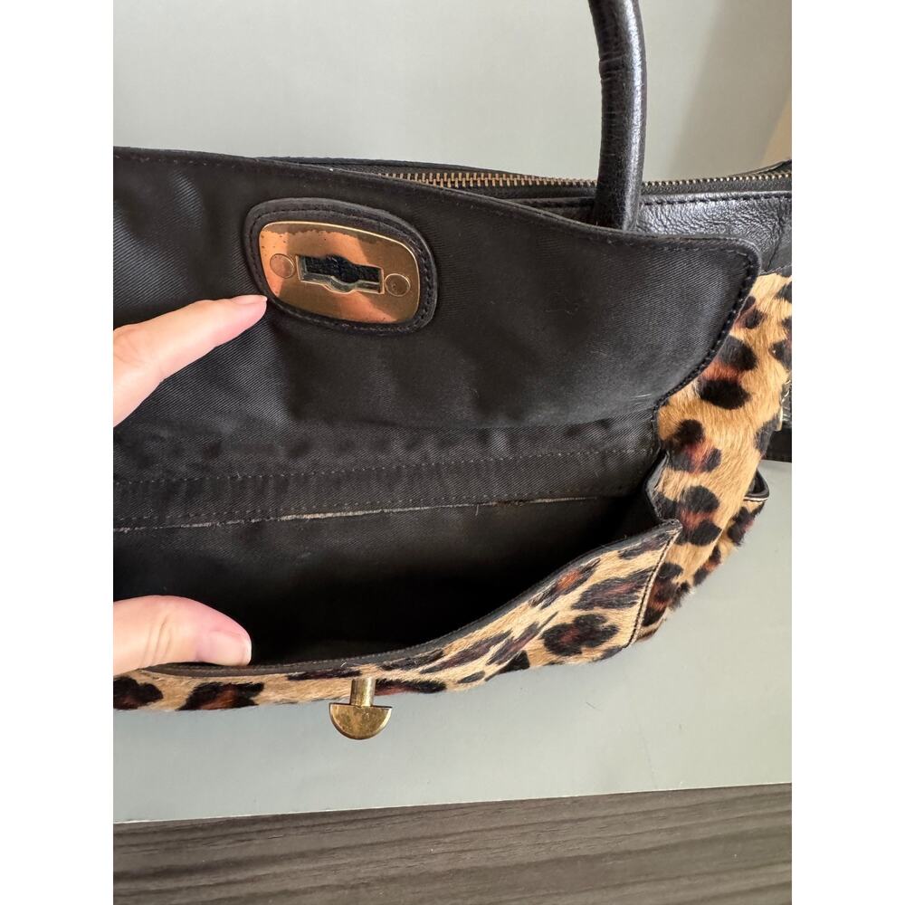 Vintage 90s Nordstrom Leopard Calf Hair & Leather Satchel Bag – Turn Lock Black - Picture 9 of 13